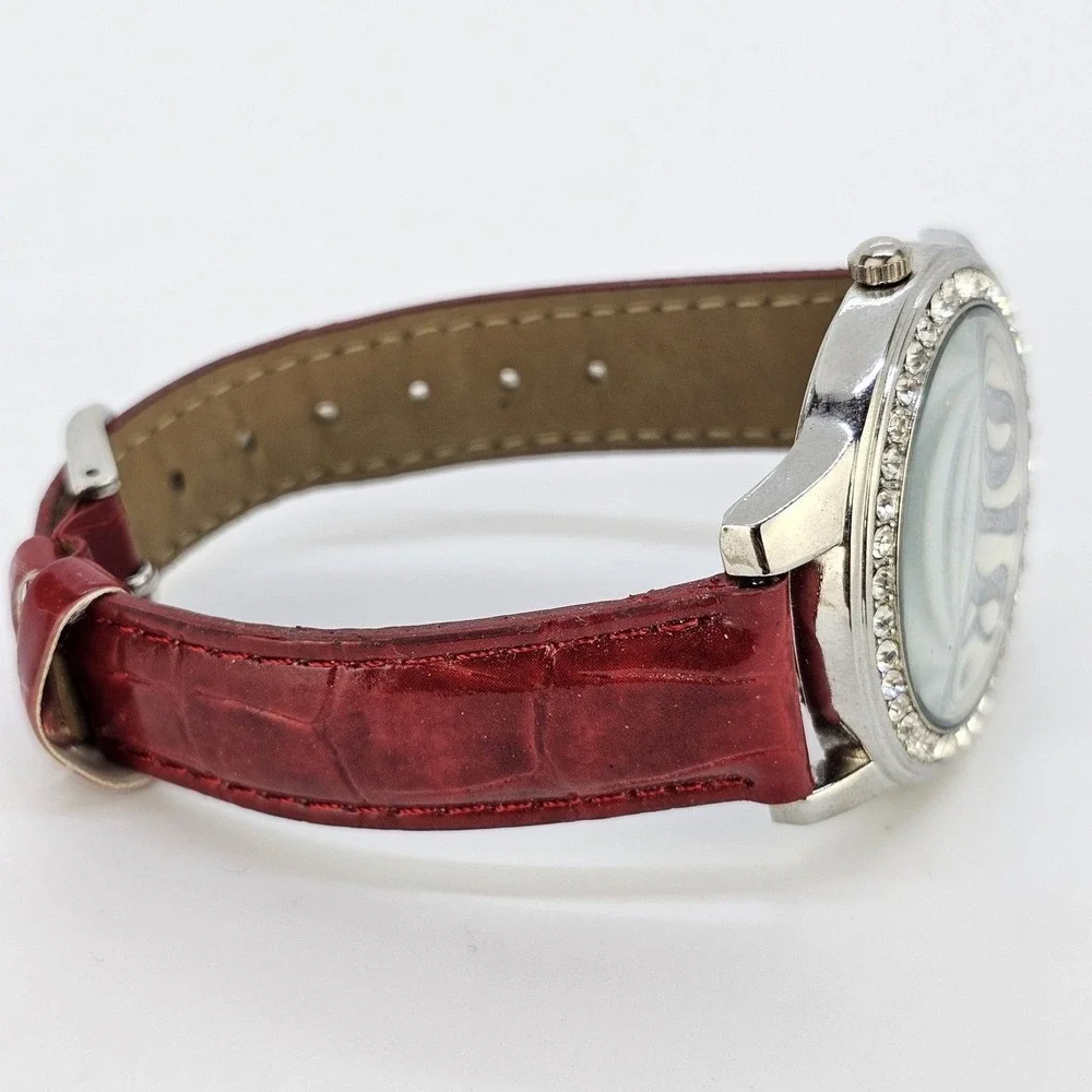 NYC‎ Women's Watch 40MM Gray Dial Crystal Bezel Red Leather Bands New Battery